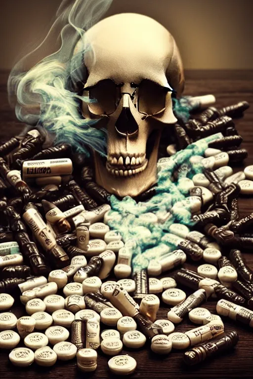 Image similar to beutifull and very tired womanlooking pile Off pills, drugs, cigarrette boxes and a skull on a wooden table, skull made out of smoke coming out of pills, fantasy, intricate, elegant, highly detailed, digital painting, artstation, concept art, addiction, chains, smooth, sharp focus, illustration, art by Ilja Repin