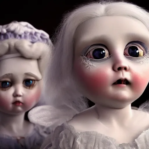 Image similar to a 3d rendered animated movie poster about eerily beautiful old cracked porcelain dolls with white hair, rendered in renderman, dramatic lighting, fine details, by pixar