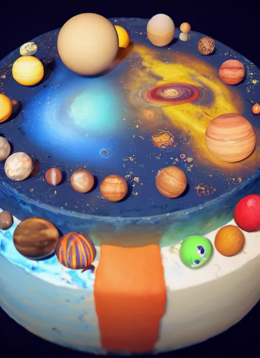 Image similar to a cake with all planets on it, au naturel, hyper detailed, digital art, trending in artstation, cinematic lighting, studio quality, smooth render, unreal engine 5 rendered, octane rendered, art style by pixar dreamworks warner bros disney riot games.