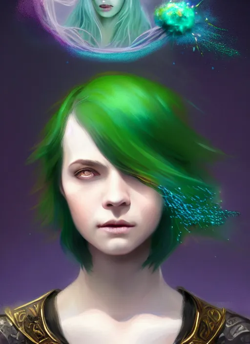 Image similar to Portrait of young female sorcerer, D&D fantasy, her hair is green and styled in a Bob Cut, magic particles flutter in the air, she has a distant expression, and is wearing a shirt and vest, intricate, highly detailed, digital painting, artstation, concept art, sharp focus, illustration, art by greg rutkowski and Ross Tran