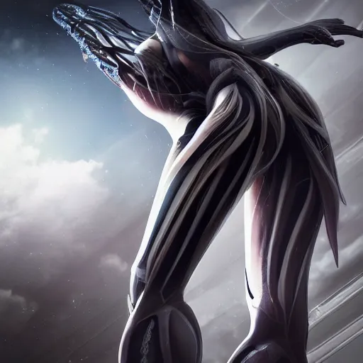 Image similar to beautiful and stunning giant prime female warframe, doing an elegant pose over you, you looking up at her from the ground pov shot, unaware of your existence, slick elegant design, sharp claws, detailed shot legs-up, highly detailed art, epic cinematic shot, realistic, professional digital art, high end digital art, DeviantArt, artstation, Furaffinity, 8k HD render, epic lighting, depth of field