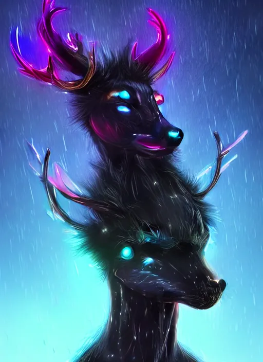 Image similar to award winning beautiful portrait commission of a male furry anthro Black Reindeer cyberpunk fursona with a tail, wings, wings, wings and a cute beautiful attractive detailed furry face wearing a crown, stylish black and rainbow galaxy clothes, outline, in a cyberpunk city at night while it rains. Character design by charlie bowater, ross tran, artgerm, and makoto shinkai, detailed, inked, western comic book art