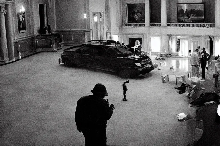 Image similar to cinematography of detectives investigating a crime scene in an decadent palace foyer by Emmanuel Lubezki