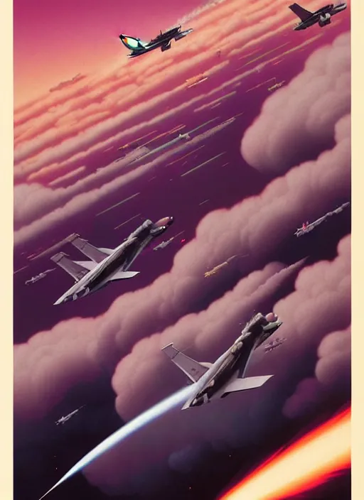 Image similar to poster artwork by michael whelan and tomer hanuka, a portrait, f 3 5 jets dogfighting in the clouds of jupiter, clean