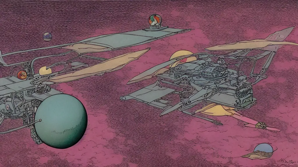 Prompt: a flying sphere vehicle by Moebius
