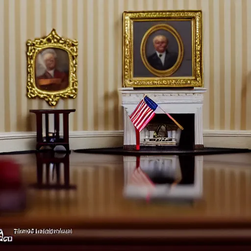 Prompt: dollhouse diorama of donald trump in the whitehouse, macro photography, canon, dslr