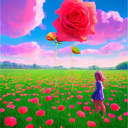 Prompt: large rose face, girl floating in a flower field, surreal photography, sunrise dramatic light, impressionist painting, colorful clouds, digital painting, artstation, simon stalenhag