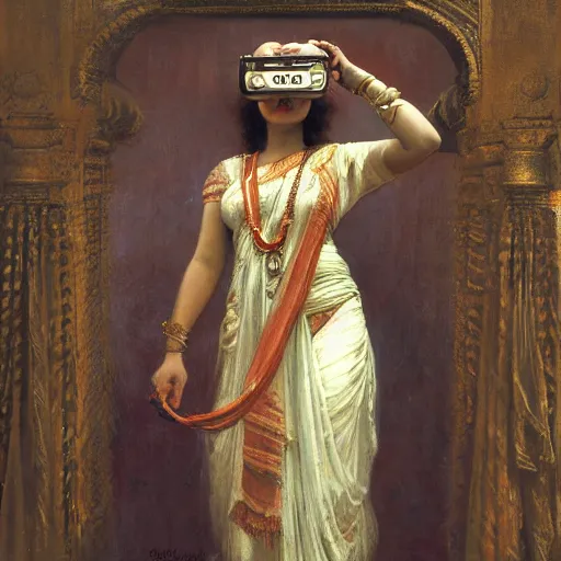 Image similar to detailed full body of hindu traditional woman blindfolded by high - tech vr headset, girl graceful,, painting by gaston bussiere, craig mullins, j. c. leyendecker, lights, art by ernst haeckel, john william godward, hammershøi,,