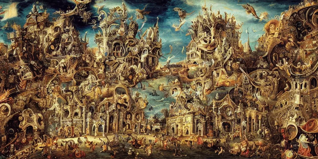 Image similar to beautiful!!! ornate heavenly!!! black!! rococo megastructure in the style of heironymus bosch, colorful intricate masterpiece, hyper detailed, hd