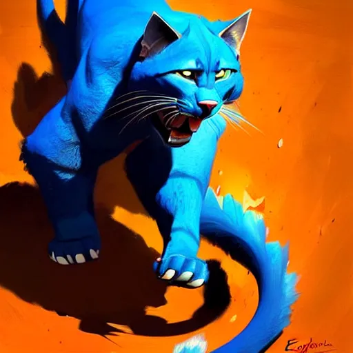 Image similar to a big blue cat caught a red sable. turqoise background. painting by eddie mendoza, greg rutkowski