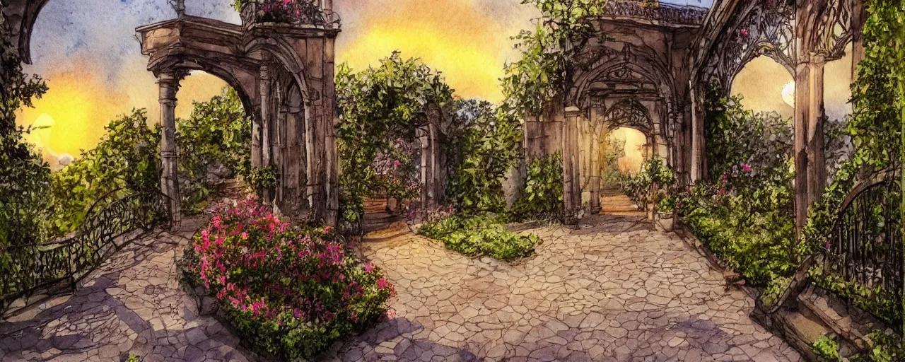 Image similar to huge flower, courtyard walkway, sunset, castle, stairway, chairs, wrought iron, gate, tree, delicate, botanic garden, road, botanical herbarium paper, watercolor colored painting, iridescent colors, 8 k, realistic shaded, fine details, artstation, italian style, colonnade