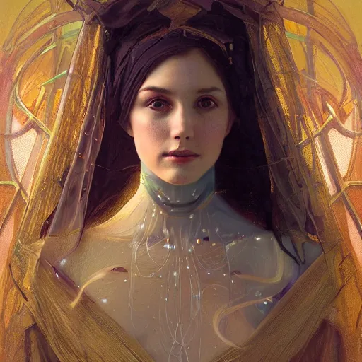 Prompt: portrait of a humanoid robot wearing a veil, mystic, mystical, robot body, intricate, headshot, highly detailed, digital painting, artstation, concept art, sharp focus, cinematic lighting, digital painting, art by artgerm and greg rutkowski, alphonse mucha, cgsociety