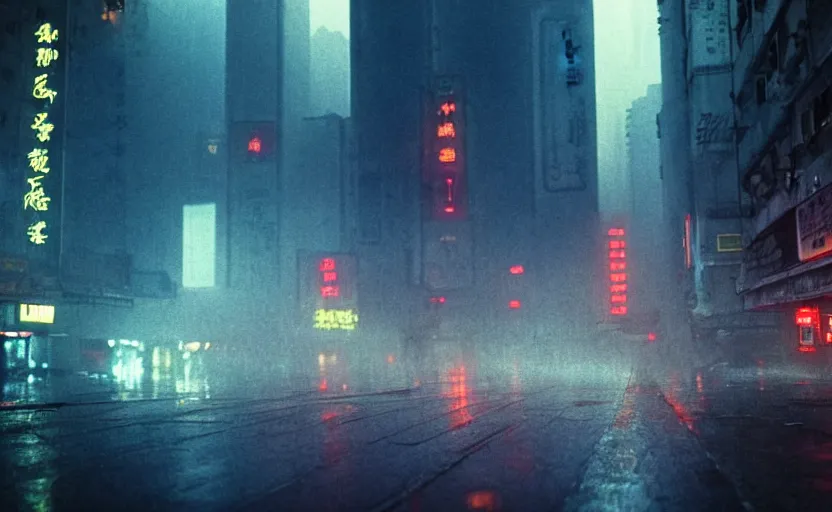 Prompt: 35mm atmospheric urban photographic landscape of Hong Kong 20XX, Blade Runner 1982 city, futuristic dystopian megacity skyline, hard rain falling, neon, industrial fires and smog