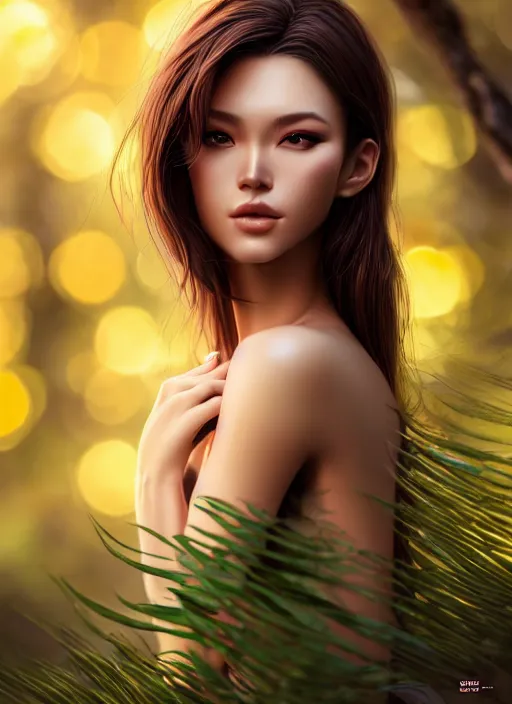 Image similar to photo of a gorgeous female in the style of stefan kostic, realistic, half body shot, sharp focus, 8 k high definition, insanely detailed, intricate, elegant, art by stanley lau and artgerm, extreme bokeh foliage