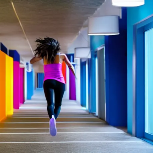 Prompt: woman sprinting down colorful infinite hallway