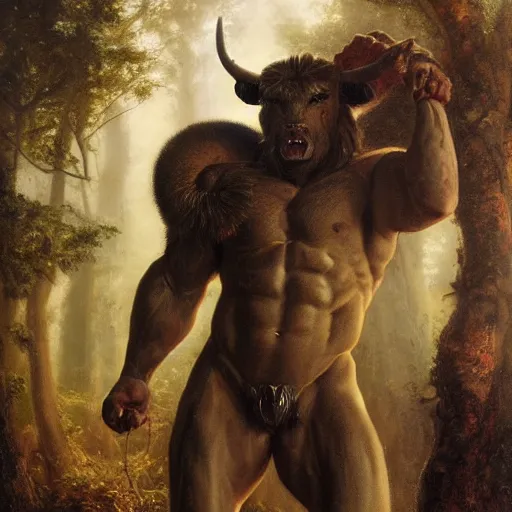 Prompt: handsome portrait of a minotaur bodybuilder posing, radiant light, caustics, war hero, surrounded by forest, by gaston bussiere, bayard wu, greg rutkowski, giger, maxim verehin