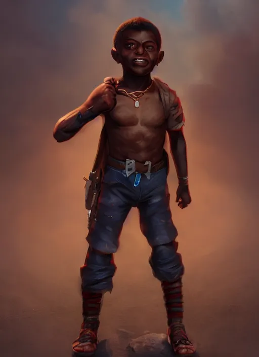 Image similar to An epic fantasy comic book style portrait painting of a small dark skinned boy thief, unreal 5, DAZ, hyperrealistic, octane render, cosplay, RPG portrait, dynamic lighting