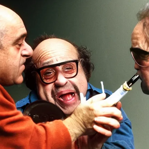 Prompt: Danny Devito smoking crack out of a crack pipe, award-winning photo