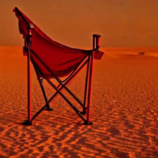 Image similar to a red camping chair in the middle of the sahara desert. the chair is 2 0 feet away from the camera.