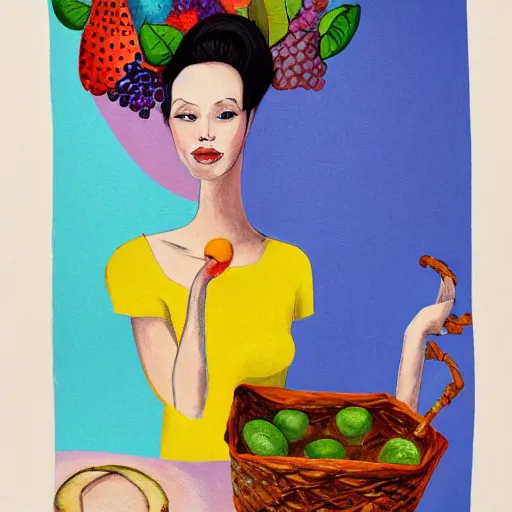 Image similar to beautiful lady, drinking tea, fruit basket, painting, clean shapes, print, litography, pastel colors, ink lines, markus gunnar, konstfack