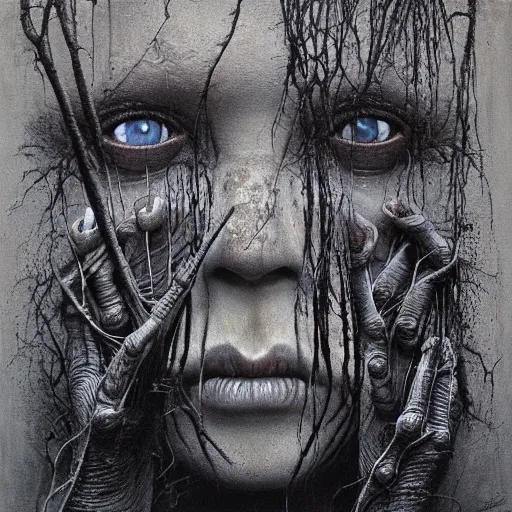 Prompt: Her eyes wide by Zdzislaw Beksinski, Jeffrey Smith and H.R. Giger, oil on canvas, 8k highly professionally detailed, trending on artstation