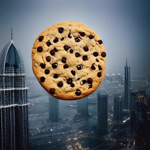 Prompt: a giant cookie floating above the burj khalifa while cookies rain down from the sky