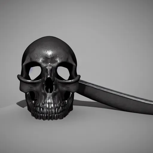 Image similar to a black sword skull base, ornament, on a white background, a 3 d render by dom qwek, studio lighting, raytracing, trending on polycount, futurism, hard surface modeling, rendered in maya, artstation hd