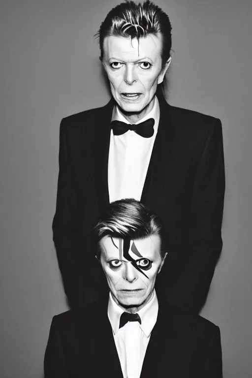 Image similar to david bowie with bright glowing eyes, staring into rhe camera, standing creepily in the middle of the room, black background, dark room, dramatic lighting