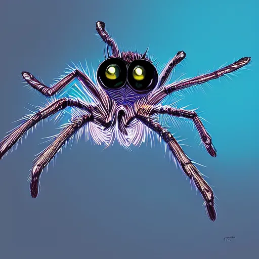 Image similar to a giant jumping spider using a computer keyboard, by pixar, iridescent, character concept art