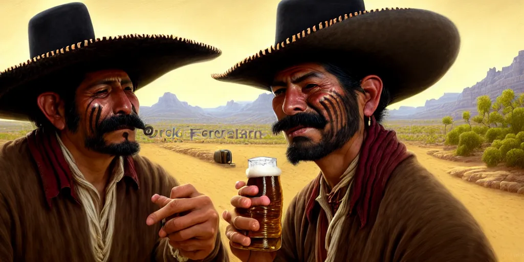 Prompt: illustration of a mexican man, missing one front teeth, with one small, dirt, wild west, with hat drinking a beer on train station, fantasy, intricate, elegant, highly detailed, digital painting, artstation, concept art, matte, sharp focus, art by aenaluck and roberto ferri and greg rutkowski, epic, juan caloto, [