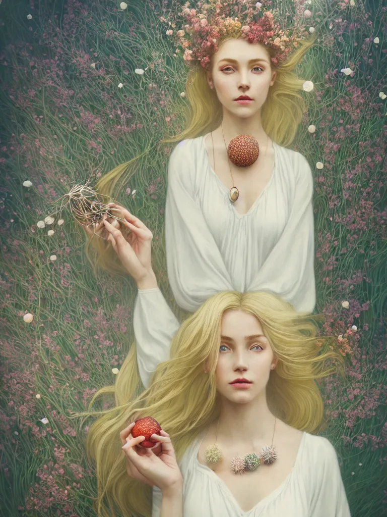 Prompt: blonde girl in white dress in beautiful window, necklace with a fruit seed ornament, ocean eyes, light freckles, incense smoke and flowers in the background, portrait, mucha, conceptart, medium shot, unreal, octane, symmetrical, photorealism.