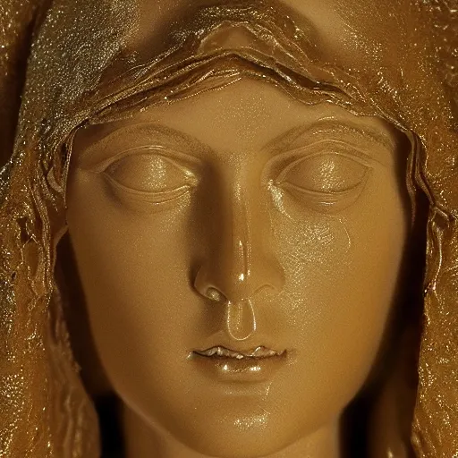 Image similar to a marble sculpture of the veiled virgin, subsurface scattering, !face, !female, covered in intricate !!detailed golden streaked veil , physically based rendering, photo realistic, top light , dark background