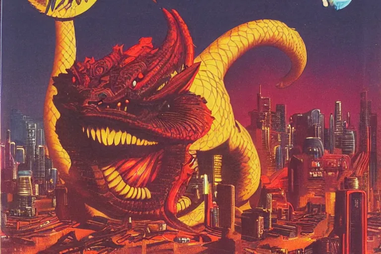 Image similar to 1979 OMNI Magazine Cover of a dragon smiling at the camera in neo-tokyo style by Vincent Di Fate