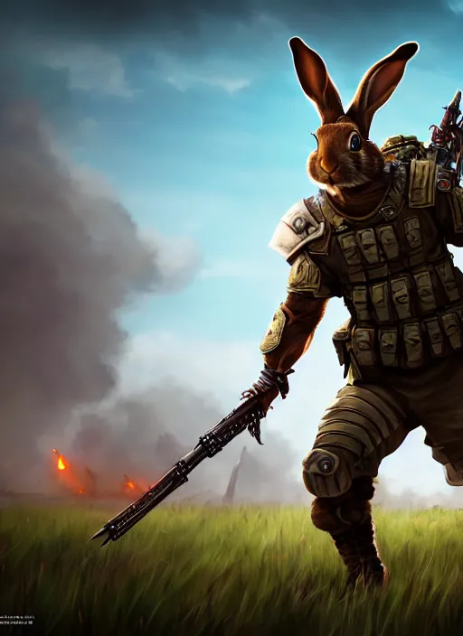 Image similar to an epic fantasy comic book style portrait painting of an militar rabbit in a battlefield, menacing. unreal 5, daz, hyperrealistic, octane render, cosplay, rpg portrait, dynamic lighting