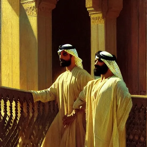 Image similar to attractive arab king confesses his love for his attractive male prince, in balcony of palace, above river. highly detailed painting by gaston bussiere, craig mullins, j. c. leyendecker