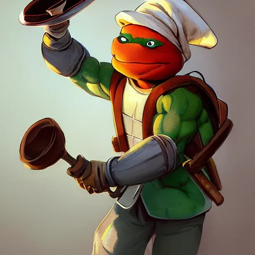 Prompt: teenage mutant ninja turtle holding frying pan full of doornails, wearing white chef hat, digital painting by krenz cushart, ilya kuvshinov, victo ngai, thomas kinkade. highly detailed, award winning, artstation