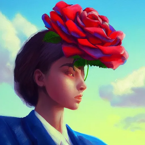 Image similar to closeup, giant rose flower head, frontal, girl in a suit, surreal photography, sunrise, blue sky, dramatic light, impressionist painting, digital painting, artstation, simon stalenhag