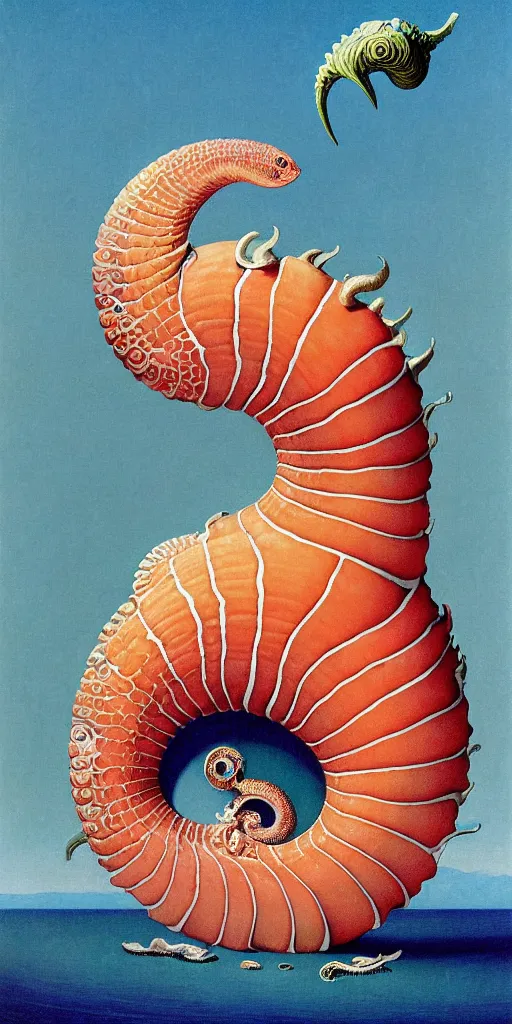 Image similar to portrait of the ammonite skeksis supermodel clad in coral armor biting into a juicy squid, by kawase hasui, dorothea tanning, moebius, edward hopper and james gilleard, aivazovsky, zdzislaw beksinski, steven outram colorful flat surreal design