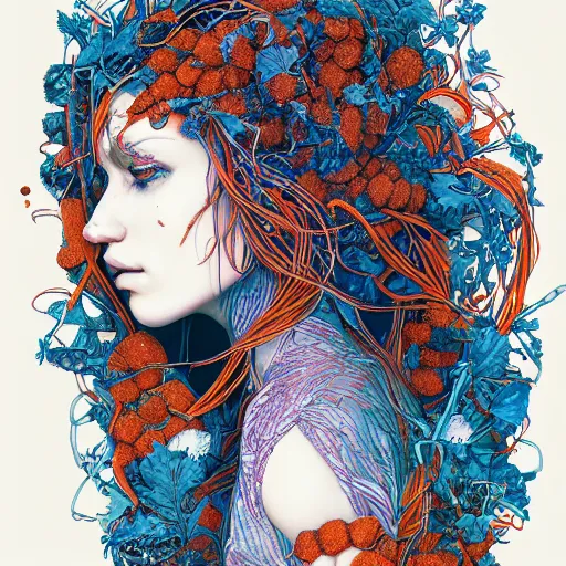 Image similar to the head of an incredibly beautiful woman partially made of carrots and blueberries, an ultrafine detailed illustration by james jean, final fantasy, intricate linework, bright colors, behance contest winner, vanitas, angular, altermodern, unreal engine 5 highly rendered, global illumination, radiant light, detailed and intricate environment