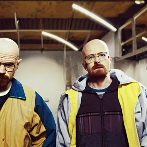 Prompt: walter white and jesse pinkman in gus frings underground laboratory on top of howard hamlin and lalo salamunca