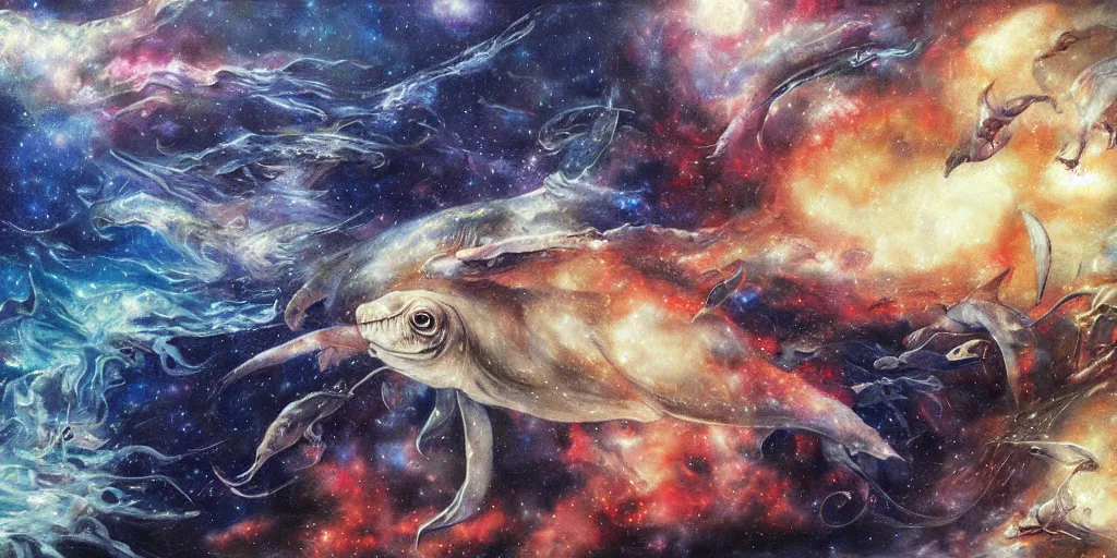 Image similar to detailed painting of aquatic animals swimming in space, whales, turtles, sting rays, colorful nebulas, planets, in the style of ayami kojima, artem demura