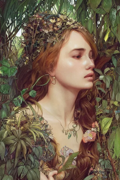 Image similar to ultra realistic illustration, bohemian girl in jungle, staring directly into camera, intricate, elegant, highly detailed, digital painting, artstation, concept art, smooth, sharp focus, illustration, art by artgerm and greg rutkowski and alphonse mucha