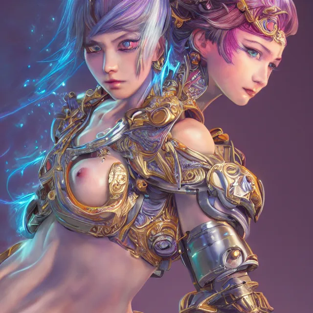 Image similar to studio portrait of lawful good colorful female holy mech paladin as absurdly beautiful, elegant, young sensual gravure idol, ultrafine hyperrealistic detailed face illustration by kim jung gi, irakli nadar, intricate linework, sharp focus, bright colors, matte, octopath traveler, final fantasy, unreal engine highly rendered, global illumination, radiant light, intricate environment