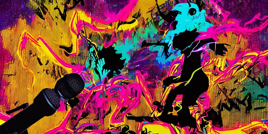 Prompt: rapping into microphone silhouetted against psychedelic lightning, silhouettes, huge crowd, digital art, vapor wave, hip hop, graffiti, trending on Artstation, professional artist, detailed, 4k