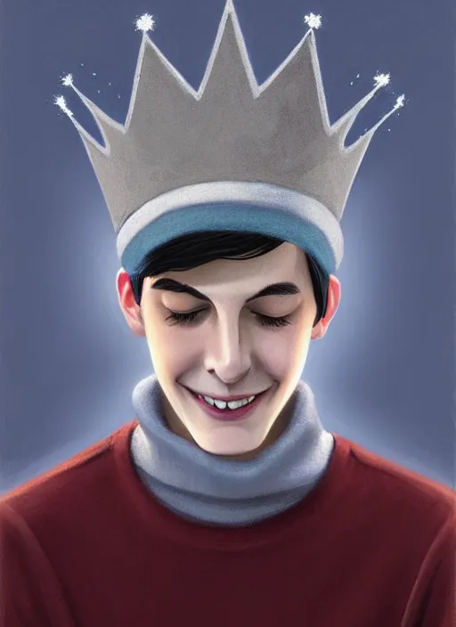 Image similar to portrait of teenage jughead jones wearing a light grey crown, crown, blue turtleneck, closed eyes, eyes closed, smile, crown, black hair, intricate, elegant, glowing lights, warm lighting, highly detailed, digital painting, artstation, concept art, smooth, sharp focus, illustration, art by wlop, mars ravelo and greg rutkowski