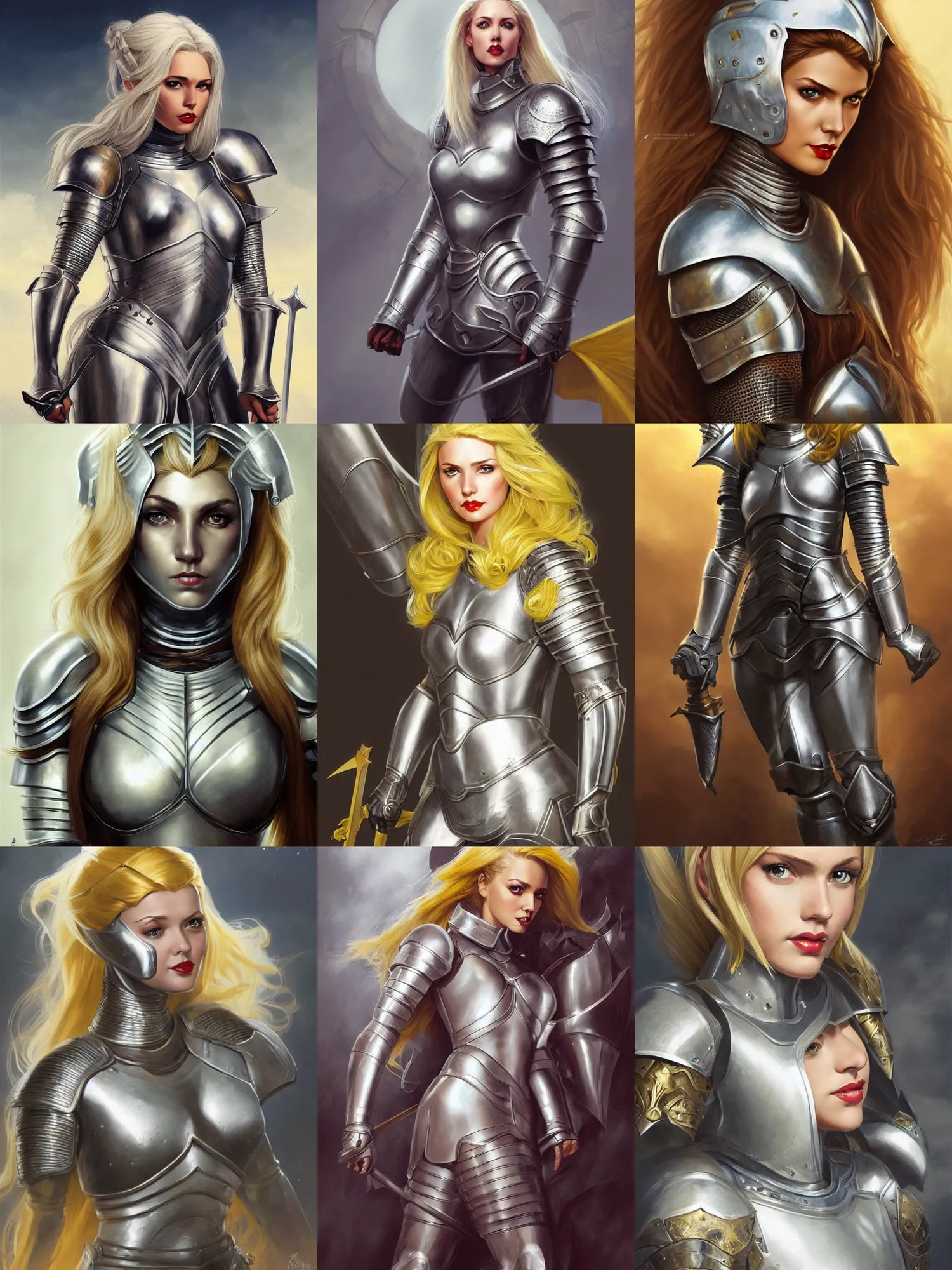 Prompt: pin - up portrait of a female knight, beautiful, skintight silver armor, long yellow hair, brown eyes, white skin, fantasy, highly detailed, realistic, illustration, artgerm, joshua middleton, greg rutkowski
