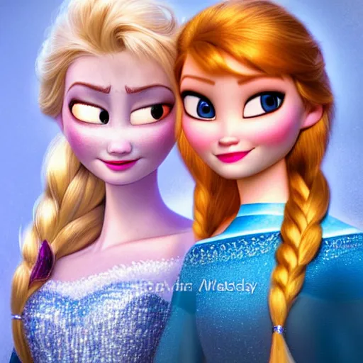 Image similar to elsa & anna, portrait, highly detailed, trending on artstation, hyper realistic, sharp focus, 1 0 0 mm, photograph