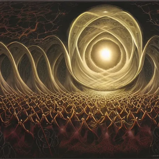 Image similar to a quantum computer surrounded by a dark cabal of multiple hooded elven mystics in long dark robes gathered in a circular formation, dan seagrave art, michael whelan