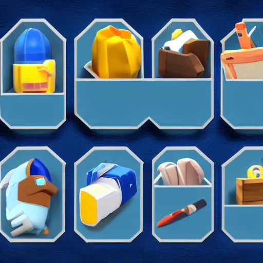 Prompt: cubby crate 3 d icons for mobile game, stylized, blue scheme, octane render