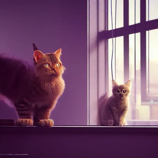 Image similar to Big european shorthair cat and small fluffy kitten, napes, in the apartment room looking to window in a cyberpunk city, soft god rays from city lights outside the window, unreal engine 5, soft neon atmosphere, photorealistic, soothing colors, somber melancholic matte painting, hyperrealism, hyperrealistic, cinematic masterpiece, cyberpunk style 8k ultrahd octane render